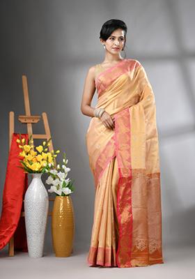 Peach Zari Work Silk Saree Set