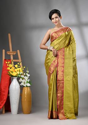 Sap Green Zari Work Silk Saree Set