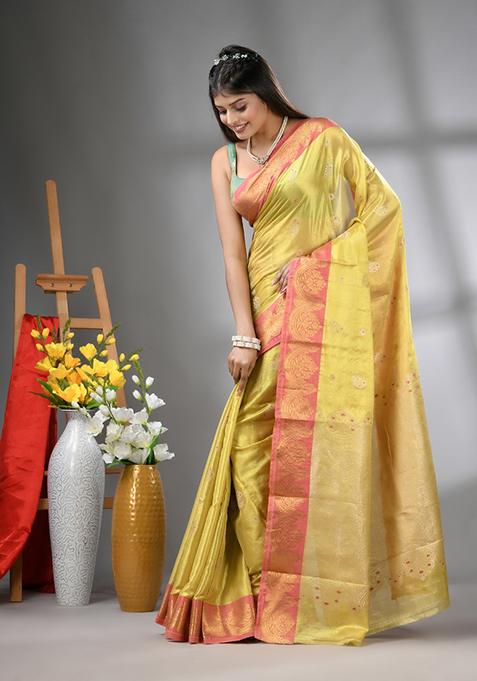 Yellow Zari Work Silk Saree Set