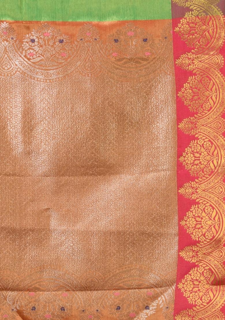 Green Zari Work Silk Saree Set - Indya