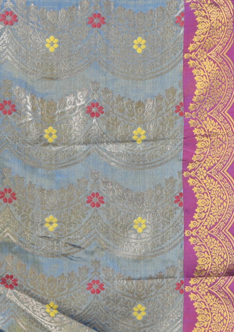 Blue Zari Work Silk Saree Set - Indya