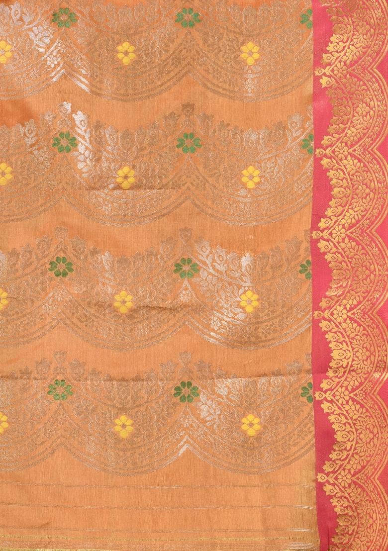 Orange Zari Work Silk Saree Set - Indya