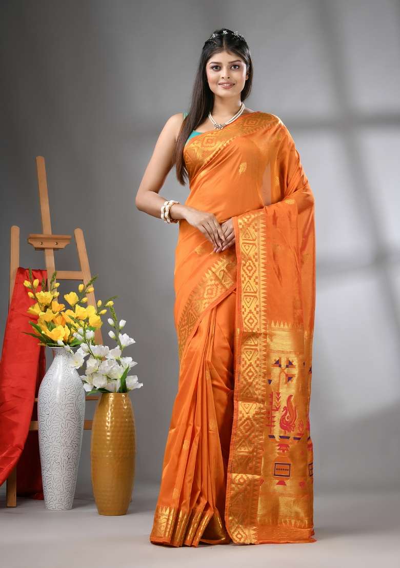 Orange Silk Blend Saree Set with Embroidered for Diwali | Wedding & Festive Wear - Indya