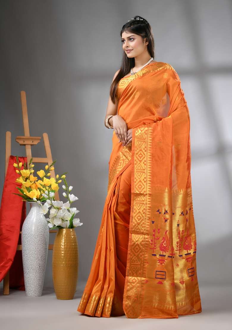 Orange Silk Blend Saree Set with Embroidered for Diwali | Wedding & Festive Wear - Indya
