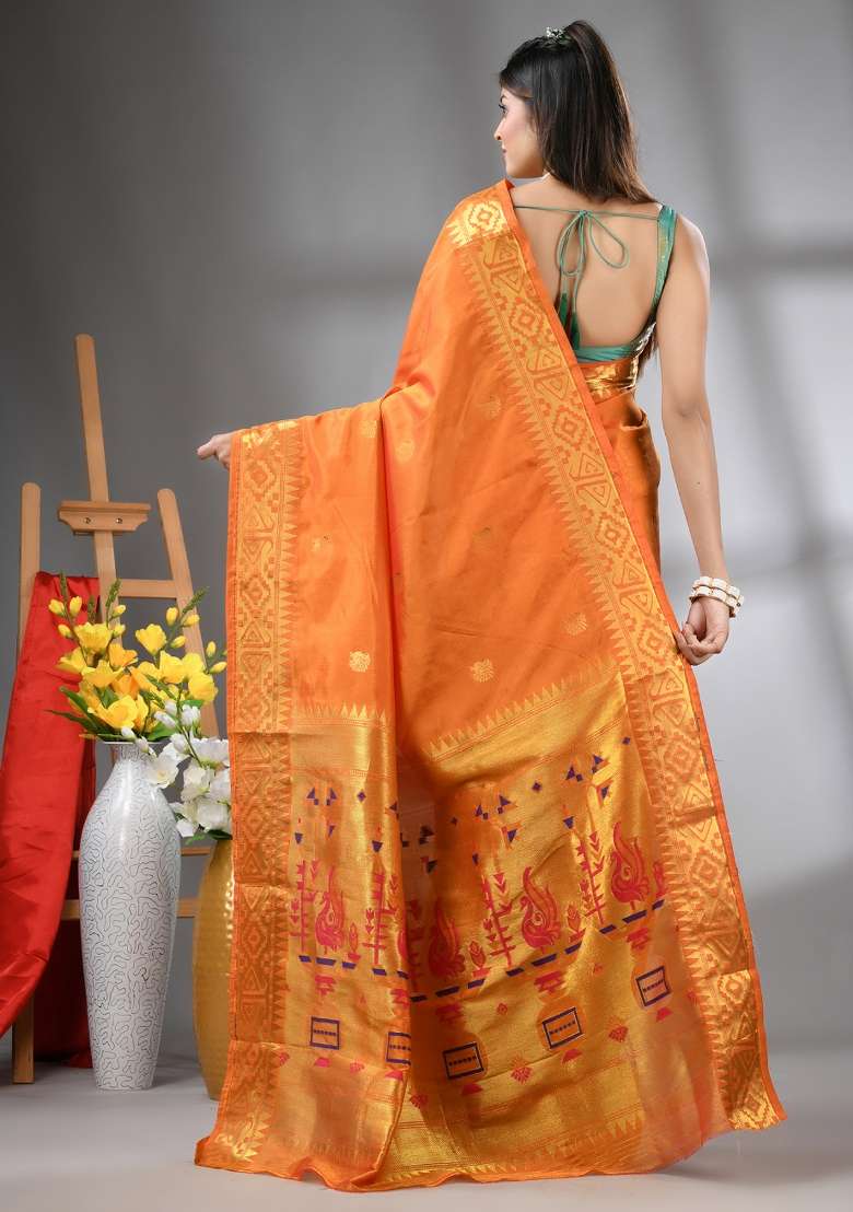 Orange Silk Blend Saree Set with Embroidered for Diwali | Wedding & Festive Wear - Indya