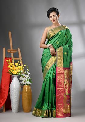 Green Embroidered Silk Saree Set