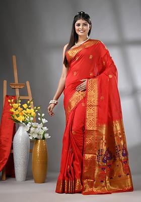Red Embroidered Silk Saree Set
