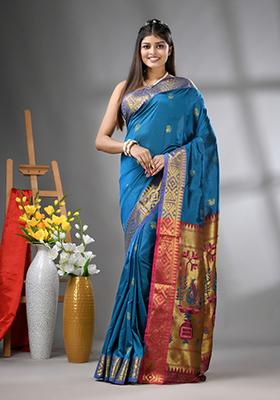 Sapphire Blue Embroidered Silk Saree Set
