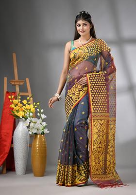 Grey Embroidered Muslin Saree Set