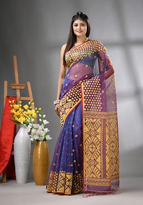 Violet Embroidered Muslin Saree Set