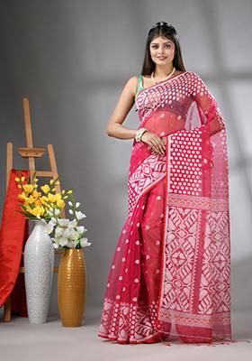 Hot Pink Embroidered Muslin Saree Set