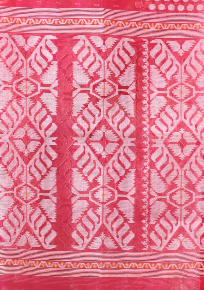 Hot Pink Embroidered Muslin Saree Set - Indya