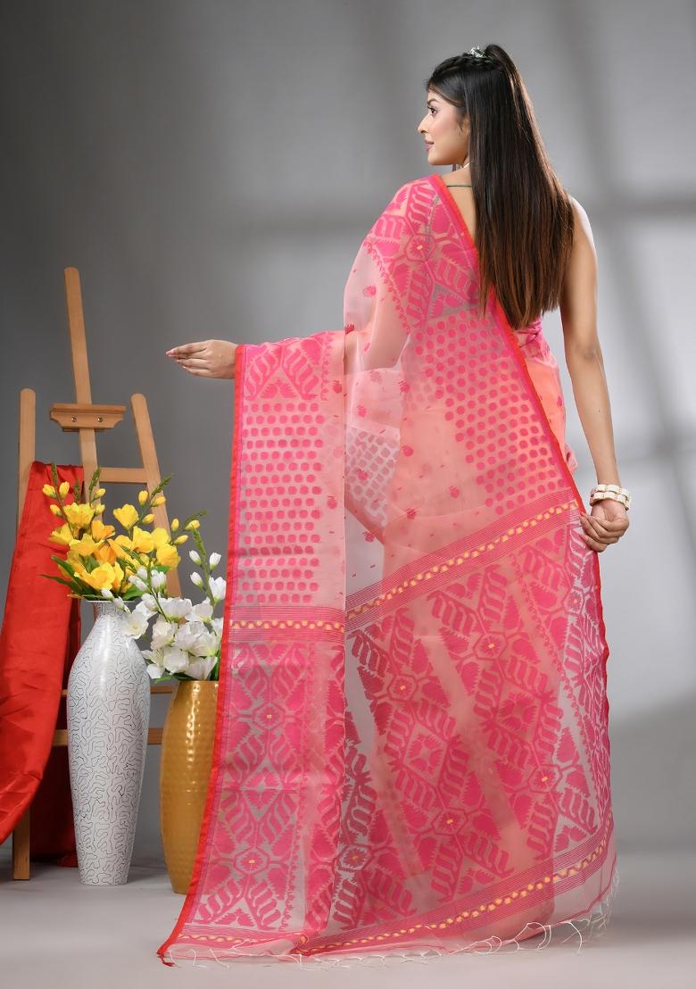 Peach Embroidered Muslin Saree Set - Indya
