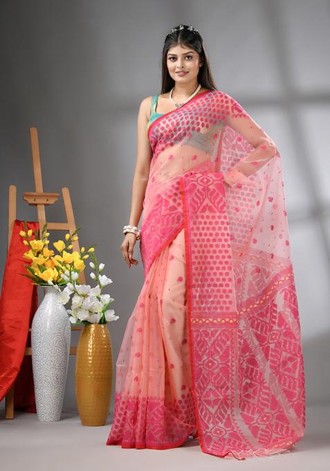 Peach Embroidered Muslin Saree Set