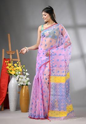Pink Embroidered Muslin Saree Set
