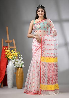 White Embroidered Muslin Saree Set