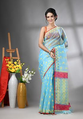 Sky Blue Embroidered Muslin Saree Set