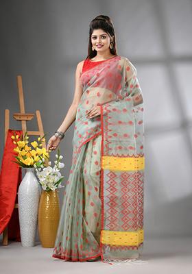 Pistachio Green Embroidered Muslin Saree Set