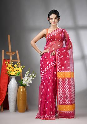 Magenta Embroidered Muslin Saree Set