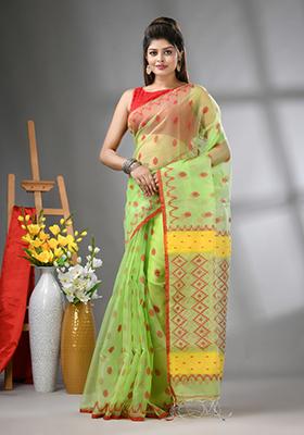 Light Green Embroidered Muslin Saree Set