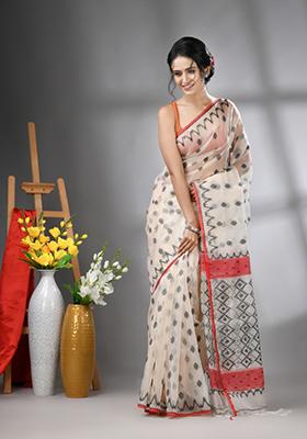 Cream Embroidered Muslin Saree Set