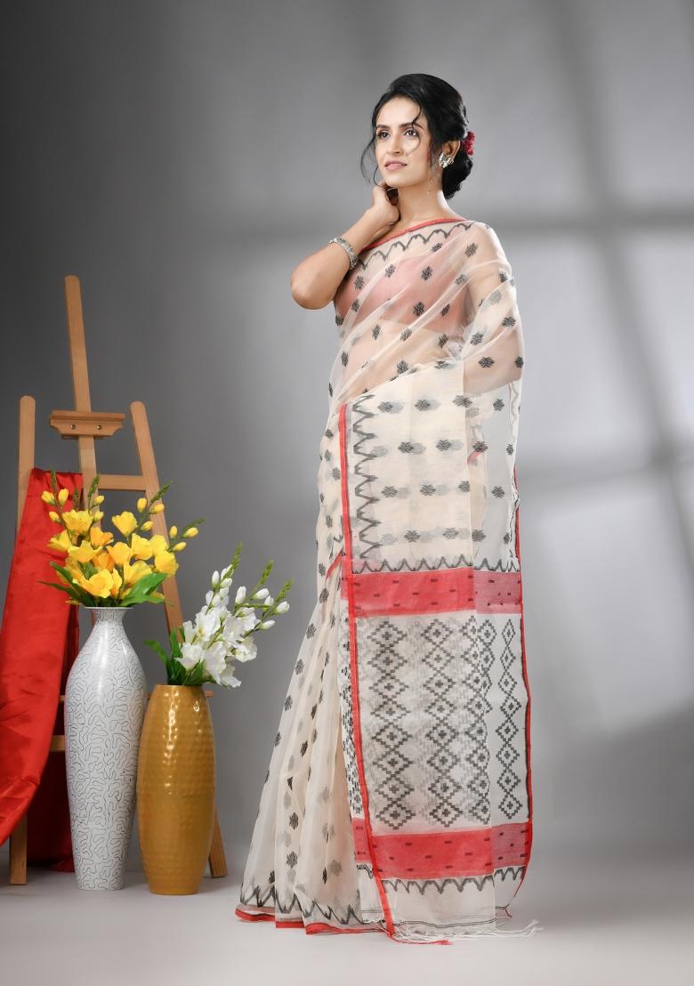 Cream Embroidered Muslin Saree Set - Indya