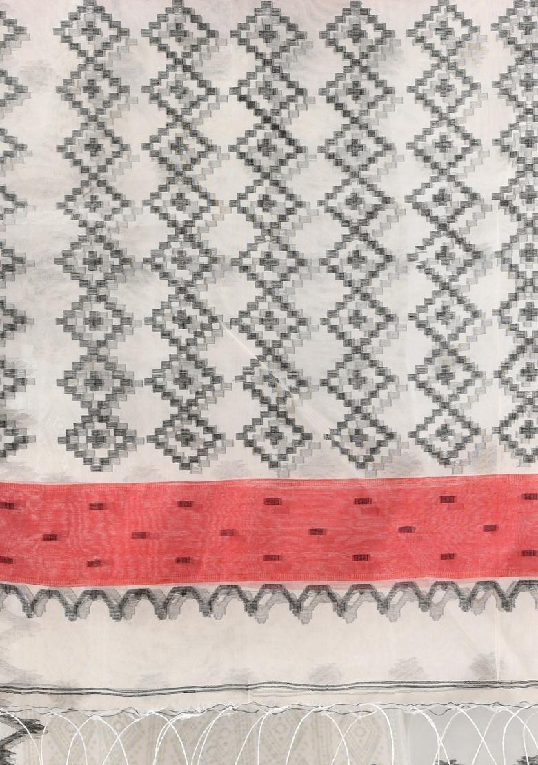 Cream Embroidered Muslin Saree Set - Indya