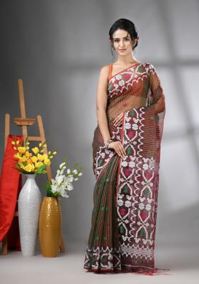 Green Striped Muslin Saree Set