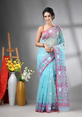 Sky Blue Striped Muslin Saree Set
