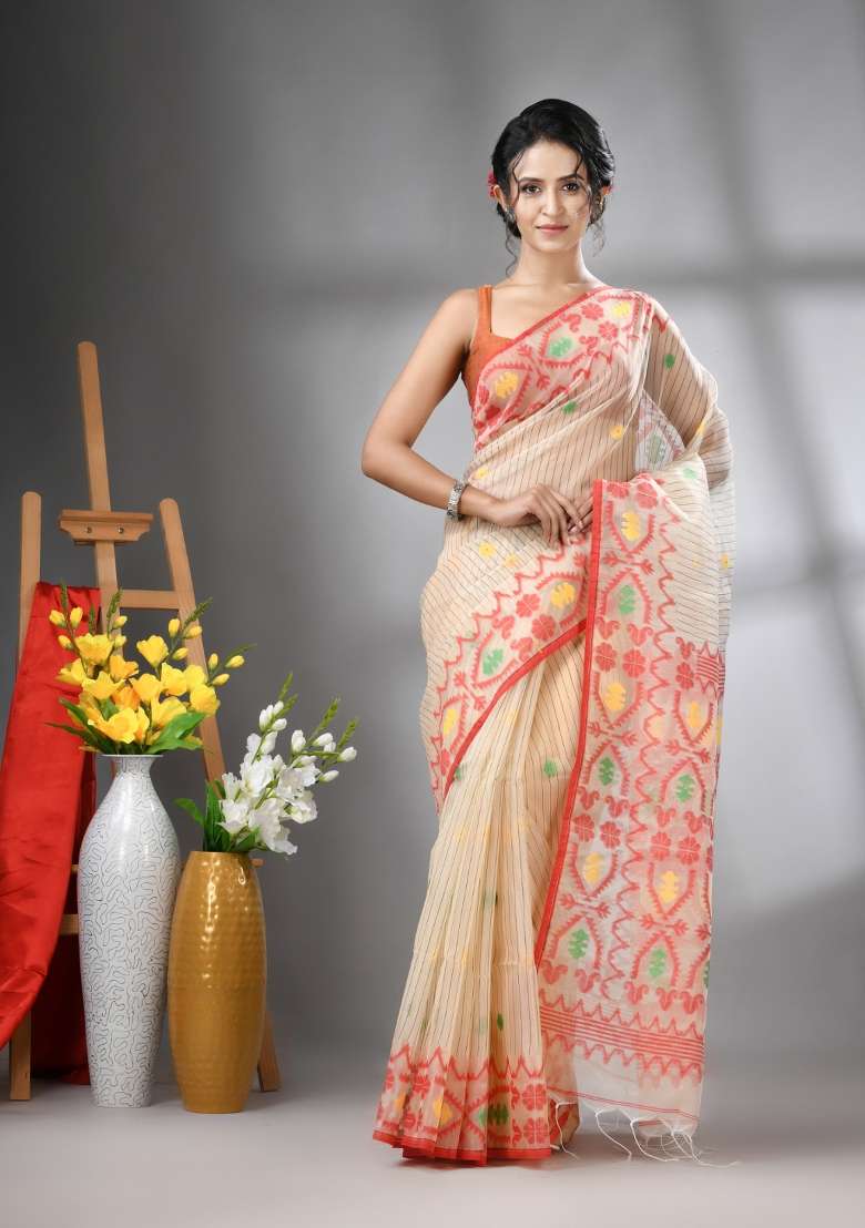 Cream Striped Muslin Saree Set for Diwali and Festive Wear - Indya