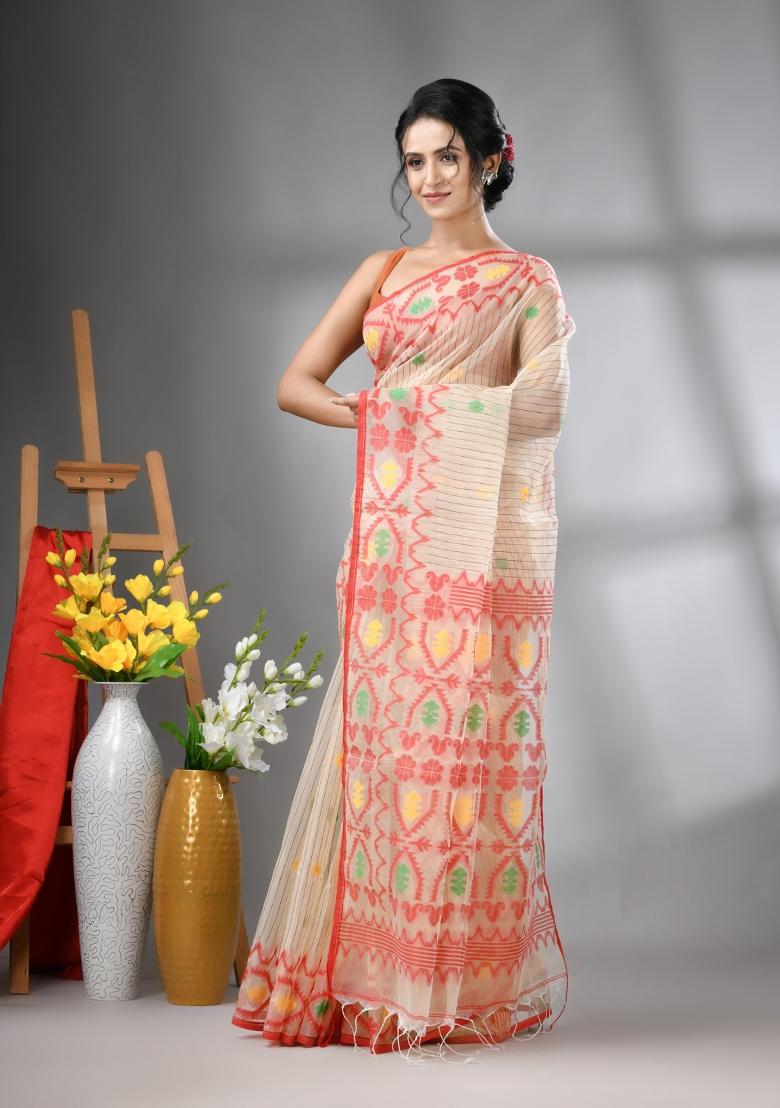 Cream Striped Muslin Saree Set - Indya