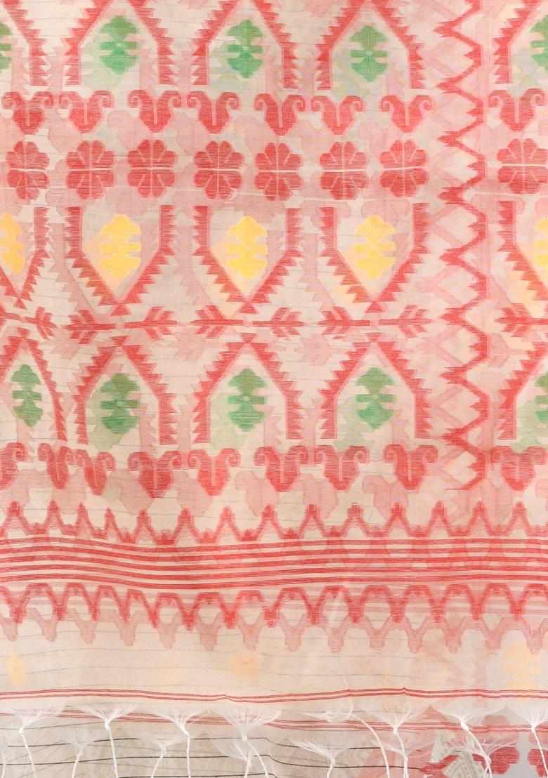 Cream Striped Muslin Saree Set - Indya