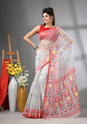 White Striped Muslin Saree Set