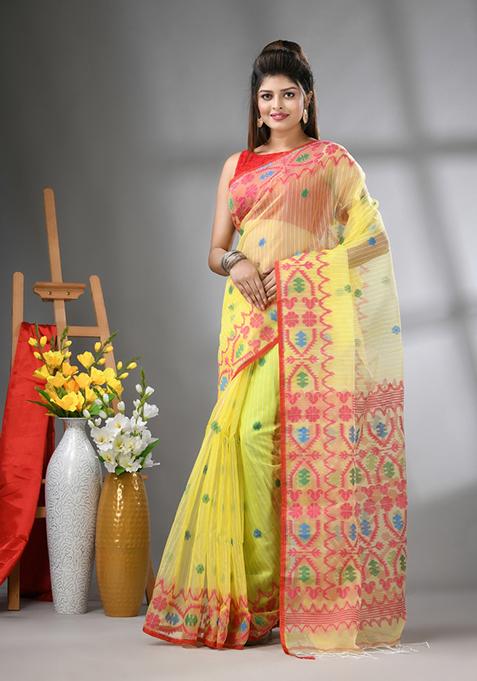 Yellow Striped Muslin Saree Set