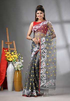 Grey Embroidered Muslin Saree Set