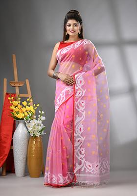Baby Pink Embroidered Muslin Saree Set