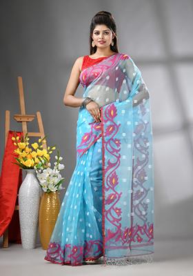 Sky Blue Embroidered Muslin Saree Set