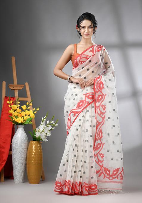 White Embroidered Muslin Saree Set