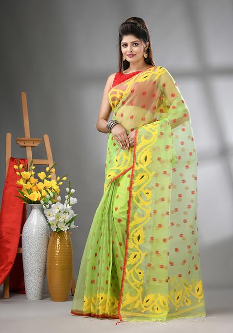 Light Green Embroidered Muslin Saree Set