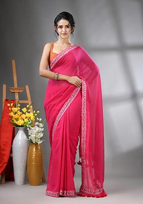 Pink Solid Cotton Saree Set