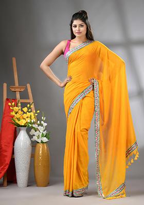 Yellow Solid Cotton Saree Set