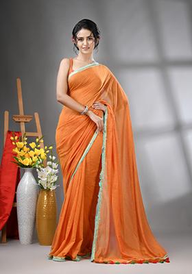 Orange Solid Cotton Saree Set