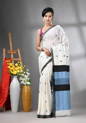 Off White Embroidered Cotton Saree Set