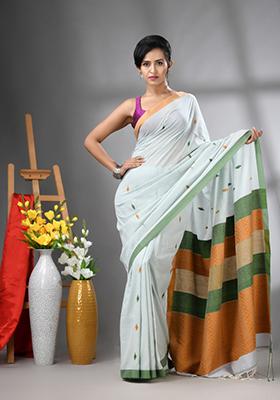 Sea Green Embroidered Cotton Saree Set