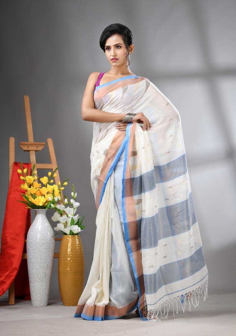 Off White Zari Work Cotton Saree Set