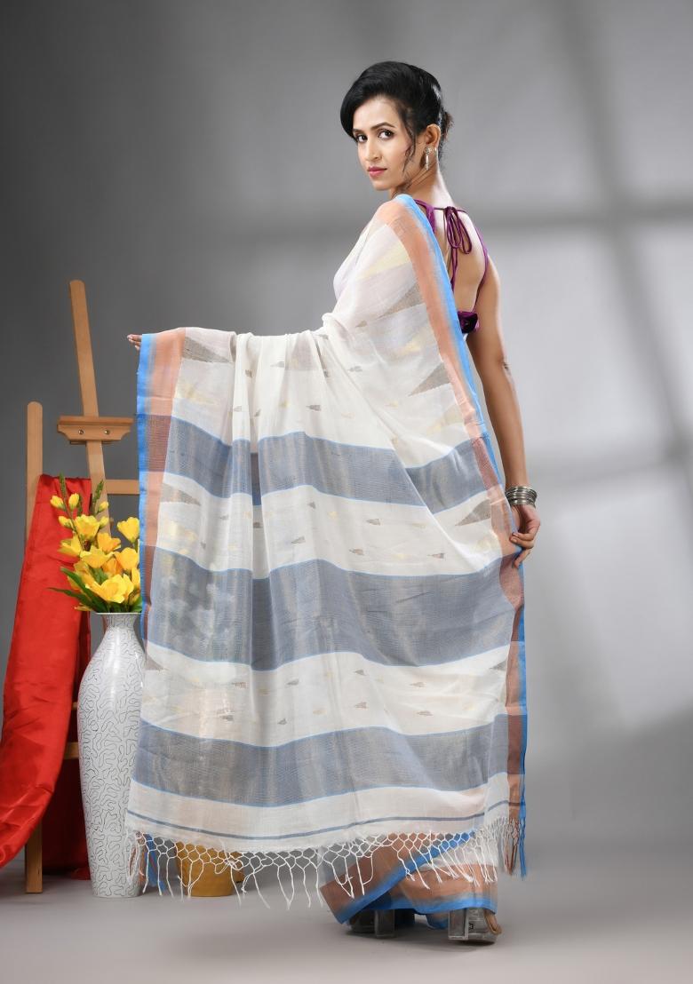 Off White Zari Work Cotton Saree Set