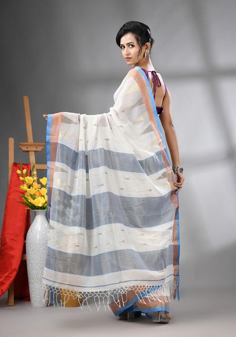 Off White Zari Work Cotton Saree Set