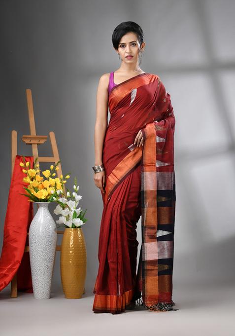 Dark Red Zari Work Cotton Saree Set