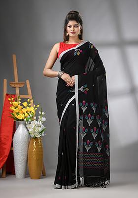 Black Floral Print Cotton Saree Set