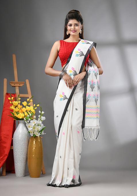 White Floral Print Cotton Saree Set